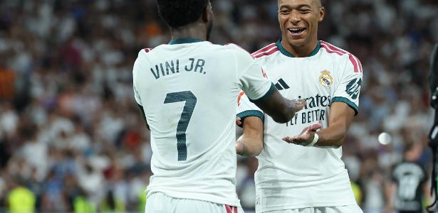 Mbappé e Vini brilham, e Real Madrid goleia em dia de homenagem no Bernabéu